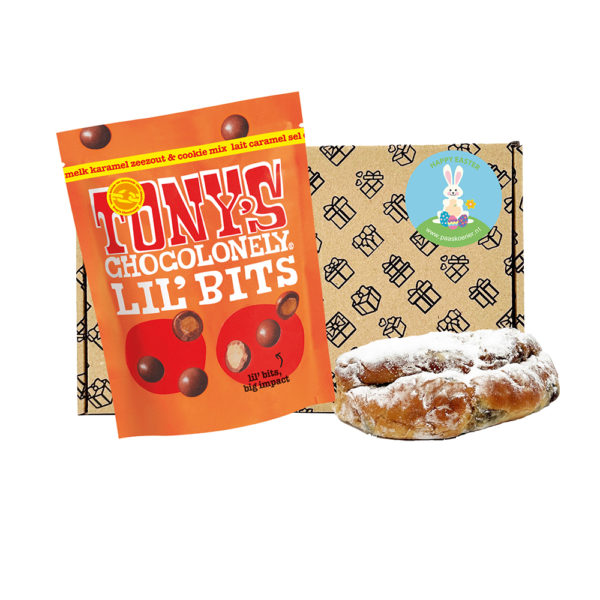 Tony's Chocolonely Lil' Bits melk karamel zeezout & cookie mix en mini stol brievenbus paasgeschenk